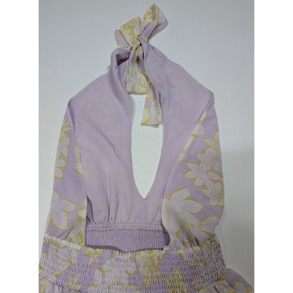 WAYF Dress Mabel Lavender Tropical Halter Coquette Ruffle Smocked Party Lined S - Picture 12 of 15